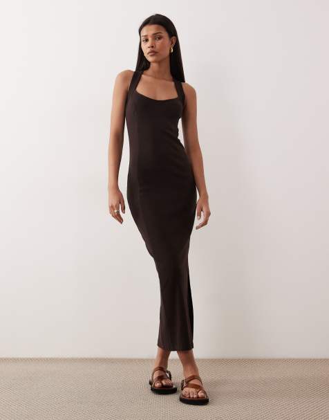 ASOS DESIGN - Robe mi-longue à encolure nageur dégagée et surpiqûres - Chocolat - view 1