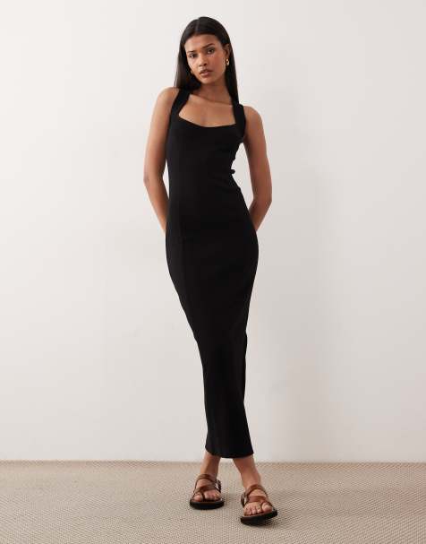 ASOS DESIGN - Robe mi-longue à encolure nageur dégagée et surpiqûres - Noir - view 1