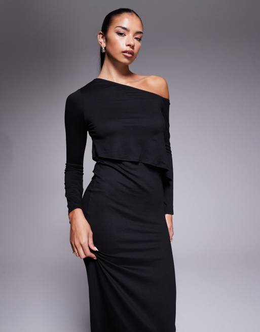 ASOS DESIGN - Robe mi-longue à épaule tombante et manches longues - Noir, 3 de 4