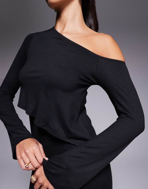 ASOS DESIGN - Robe mi-longue à épaule tombante et manches longues - Noir, 4 de 4