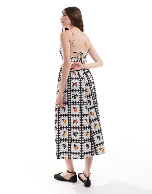 ASOS DESIGN - Robe mi-longue à fines bretelles nouée devant - Imprimé vichy noir et fruits, 3 de 4