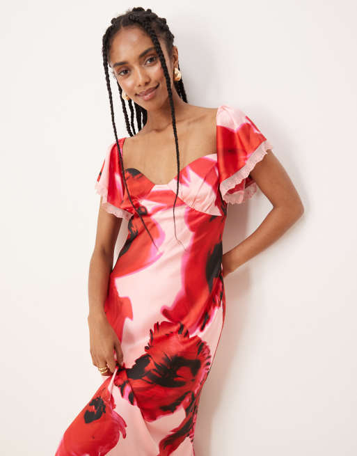 ASOS DESIGN off the shoulder midi dress with lace inserts in floral print