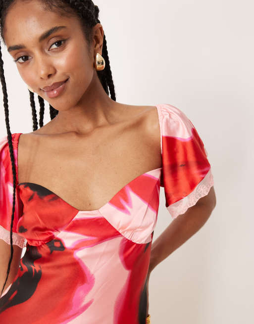 ASOS DESIGN off the shoulder midi dress with lace inserts in floral print