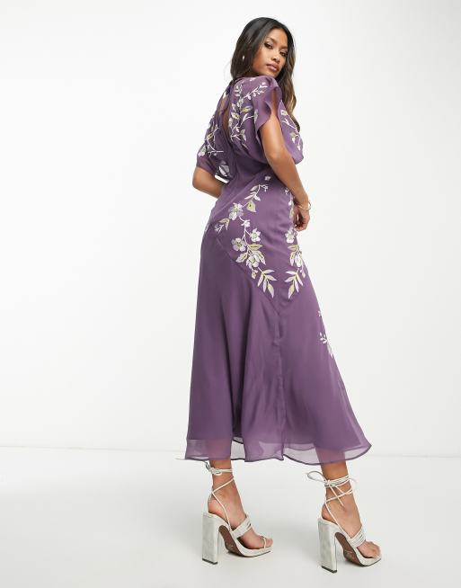 ASOS DESIGN - Robe mi-longue à fleurs brodées et manches chauve-souris - Violet, 2 de 4