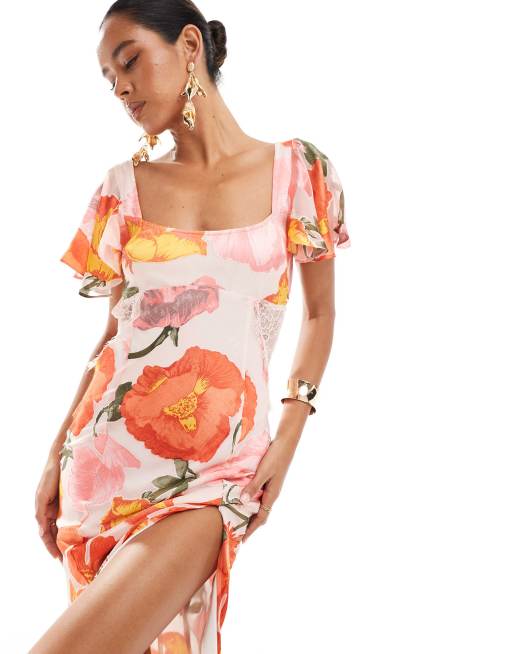 ASOS DESIGN - Robe mi-longue à fleurs en velours effet décoré avec manches évasées et empiècement en dentelle, 3 de 4