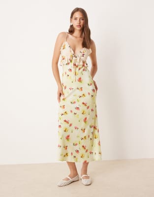 Robe mi-longue à fleurs et volants avec bretelles-Multicolore 34