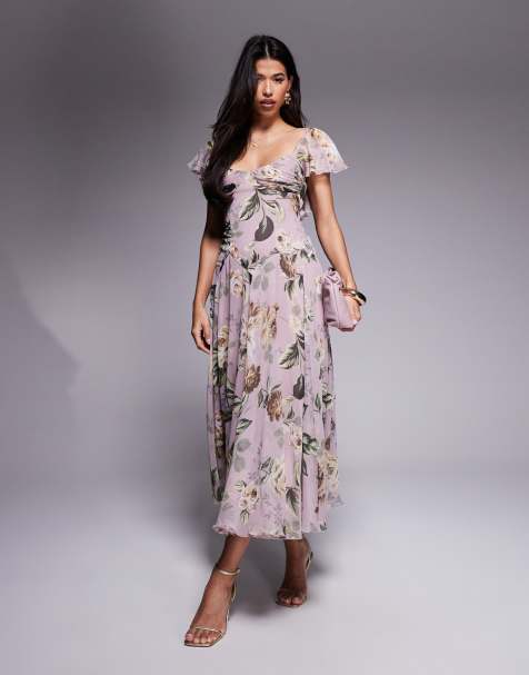 ASOS DESIGN - Robe mi-longue à fleurs vintage avec taille basse et jupe ample - Lilas - view 1