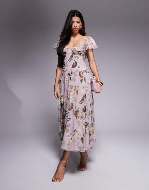 ASOS DESIGN - Robe mi-longue à fleurs vintage avec taille basse et jupe ample - Lilas