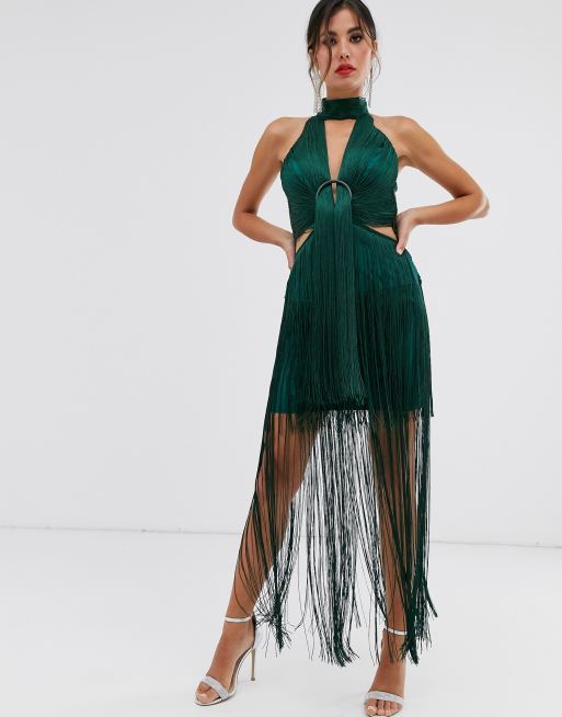 ASOS DESIGN Robe mi longue franges avec anneau et encolure haute