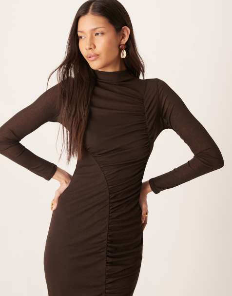 ASOS DESIGN - Robe mi-longue à fronces asymétriques - Chocolat - view 1