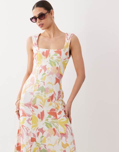 ASOS DESIGN - Robe mi-longue à imprimé fleuri abstrait avec encolure carrée et surpiqûres - view 1