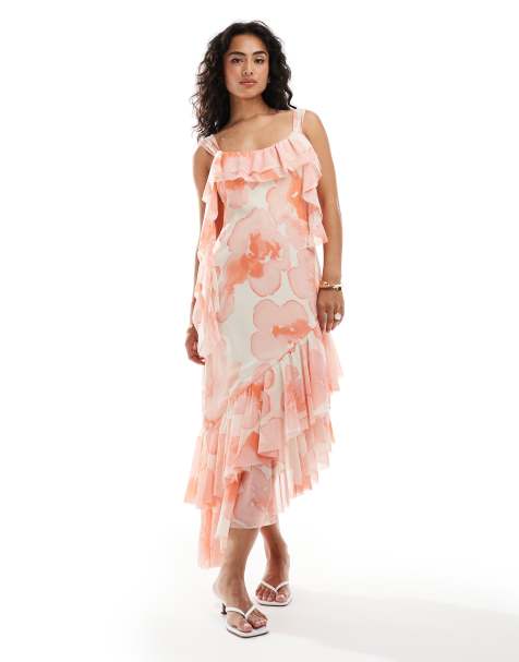 ASOS DESIGN - Robe mi-longue à imprimé fleuri style aquarelle avec bords bruts et ourlet volanté double épaisseur - view 1