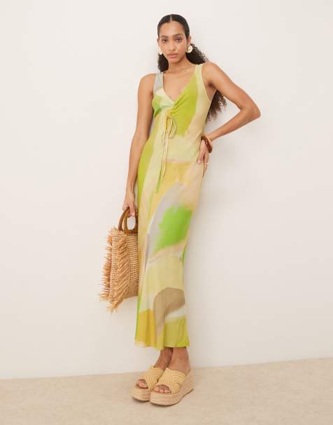 ASOS DESIGN - Robe mi-longue à imprimé flou et col V avec fronces à détail noué - Vert - view 1