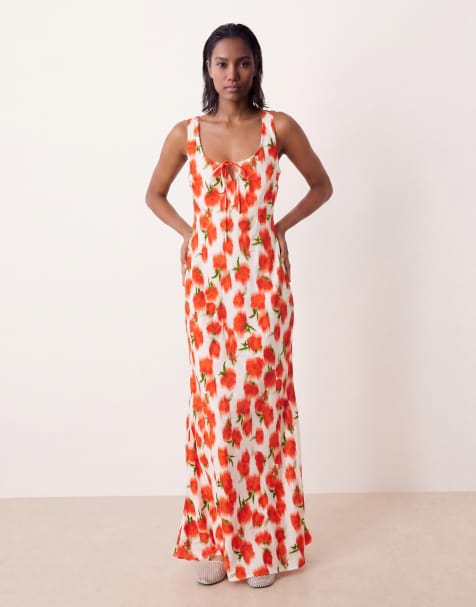 ASOS DESIGN - Robe mi-longue à imprimé roses flouté avec encolure dégagée et liens noués à l'avant - view 1