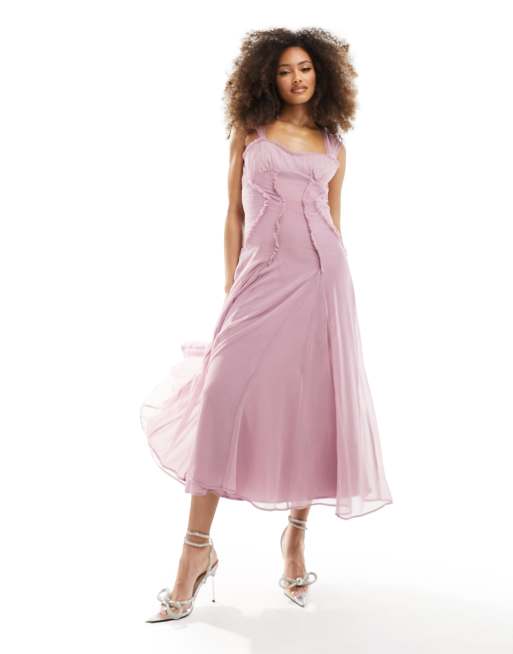 ASOS DESIGN - Robe mi-longue à mancherons avec corset froncé et bords effilochés - Rose sombre