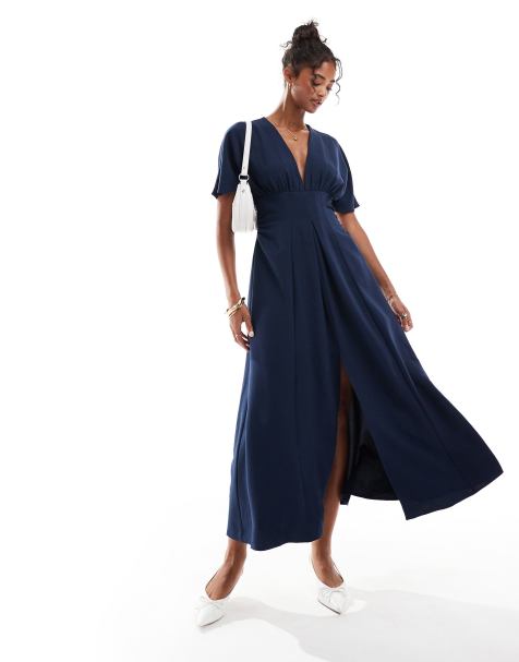 ASOS DESIGN - Robe mi-longue à manches ange et décolleté plongeant - Bleu jean délavé - view 1
