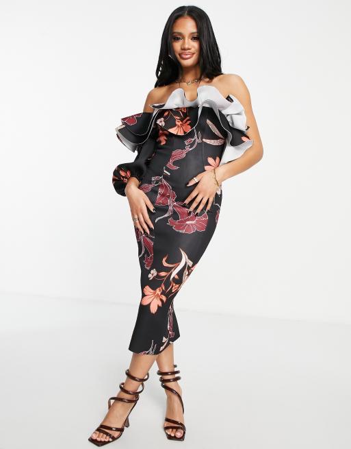 ASOS DESIGN Robe mi longue manches ballon et imprim fleurs d hiver