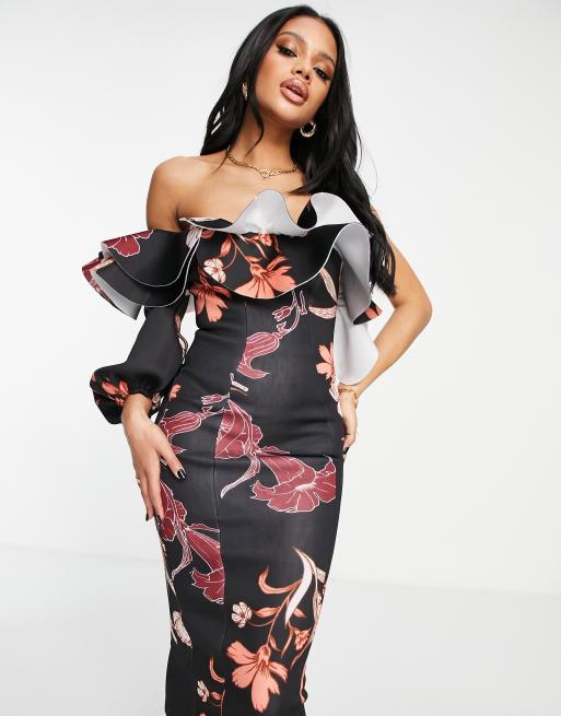 ASOS DESIGN Robe mi longue manches ballon et imprim fleurs d