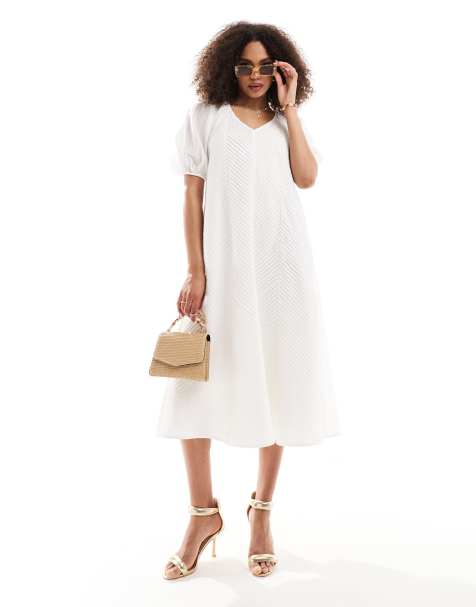 ASOS DESIGN - Robe mi-longue à manches bouffantes et à plis style chevrons - Blanc - view 1