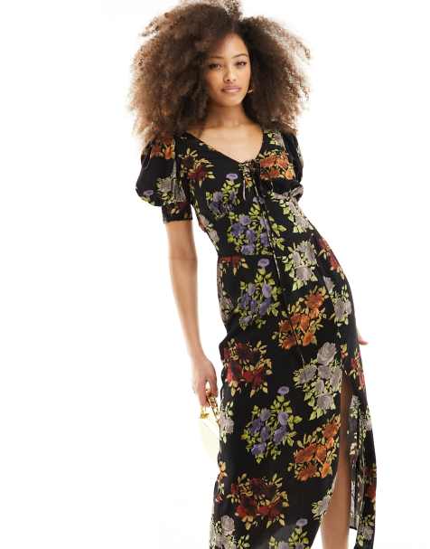 ASOS DESIGN - Robe mi-longue à manches bouffantes et imprimé fleuri vintage avec liens noués à l'avant - Noir - view 1
