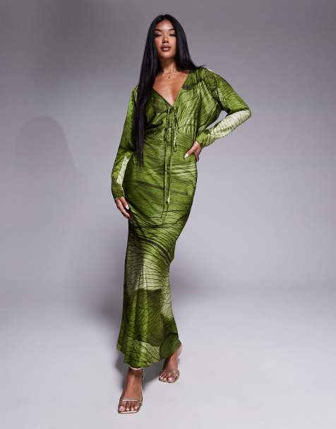 ASOS DESIGN - Robe mi-longue à manches chauve-souris et liens sur le devant avec imprimé feuilles abstrait - Vert - view 1