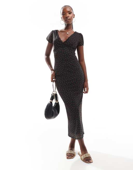 ASOS DESIGN - Robe mi-longue à manches courtes avec bordure en dentelle et imprimé à petites fleurs - Noir, 2 de 4