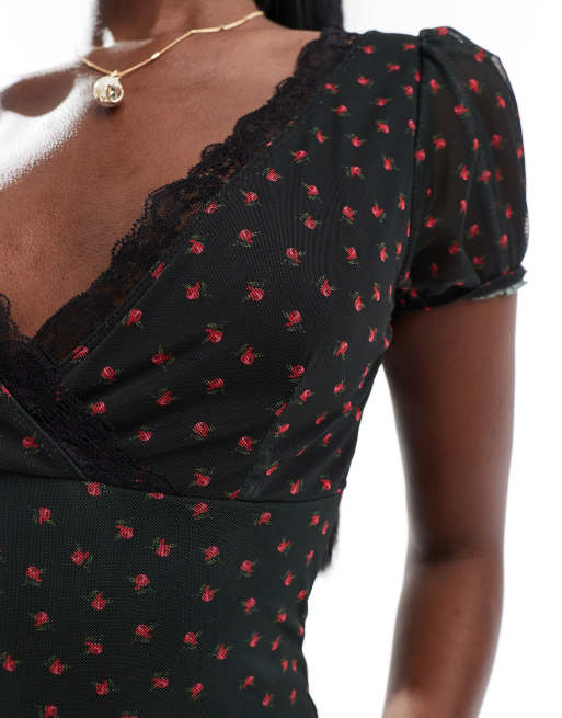 ASOS DESIGN - Robe mi-longue à manches courtes avec bordure en dentelle et imprimé à petites fleurs - Noir, 3 de 4