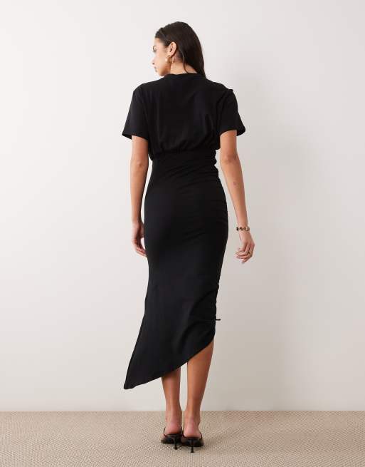 ASOS DESIGN - Robe mi-longue à manches courtes avec détails froncés et noués sur le côté - Noir, 3 de 4