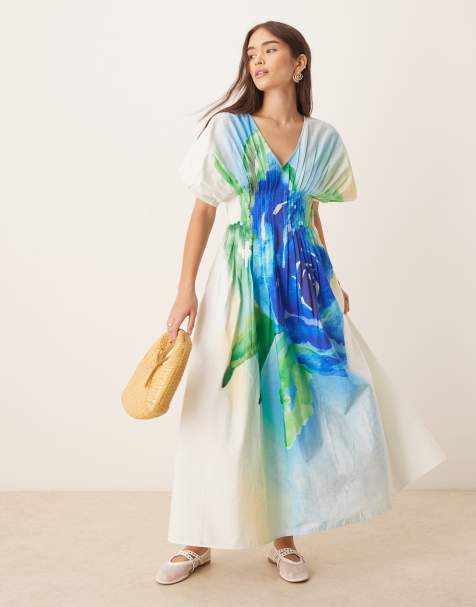 ASOS DESIGN - Robe mi-longue à manches courtes et col V avec plis serrés à imprimé roses - Bleu - view 1