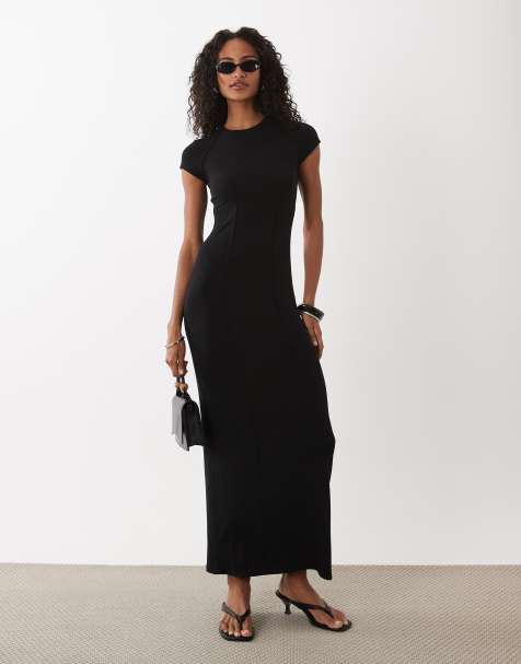 ASOS DESIGN - Robe mi-longue à manches courtes et coutures apparentes - Noir - view 1