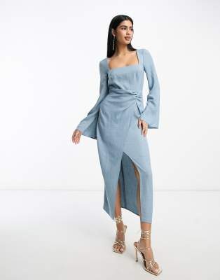 ASOS DESIGN - Robe mi-longue à manches évasées avec encolure carrée et détail noué - Bleu jean | ASOS