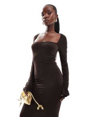 ASOS DESIGN - Robe mi-longue à manches évasées et découpe dans le dos style boléro - Chocolat - view 1