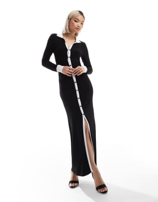 Robe Longue à Manches Longues Imprimé Col Rond Boutonné Pour Femmes