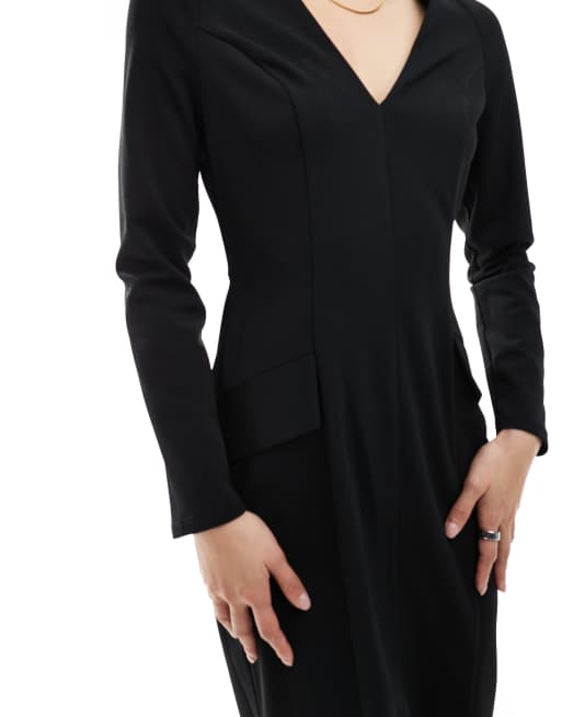 ASOS DESIGN Robe mi-longue à manches longues et col en V Noir