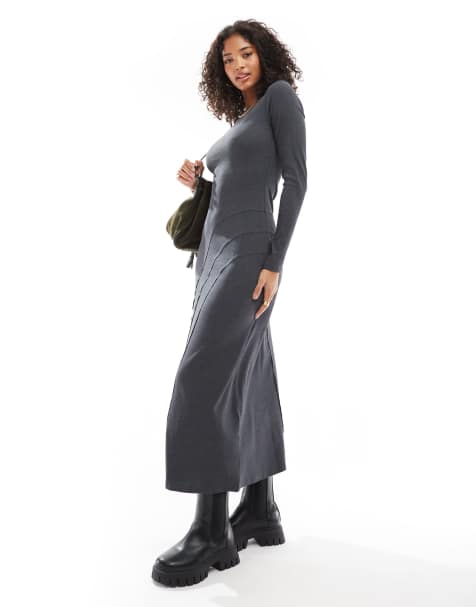 ASOS DESIGN - Robe mi-longue à manches longues et encolure dégagée avec surpiqûres - Anthracite - view 1