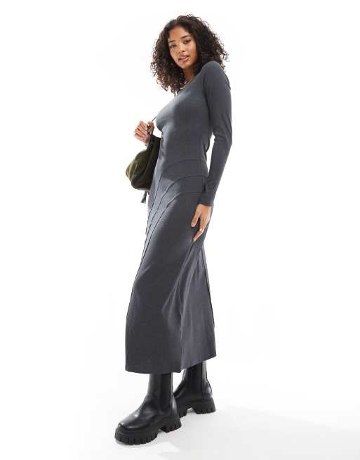 ASOS DESIGN - Robe mi-longue à manches longues et encolure dégagée avec surpiqûres - Anthracite