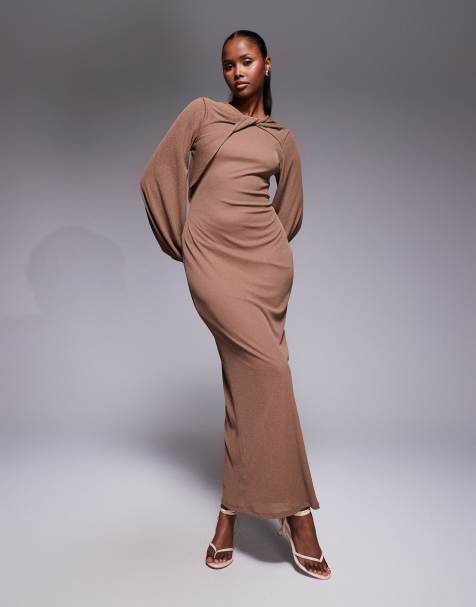 ASOS DESIGN - Robe mi-longue à manches longues et encolure torsadée - Marron - view 1