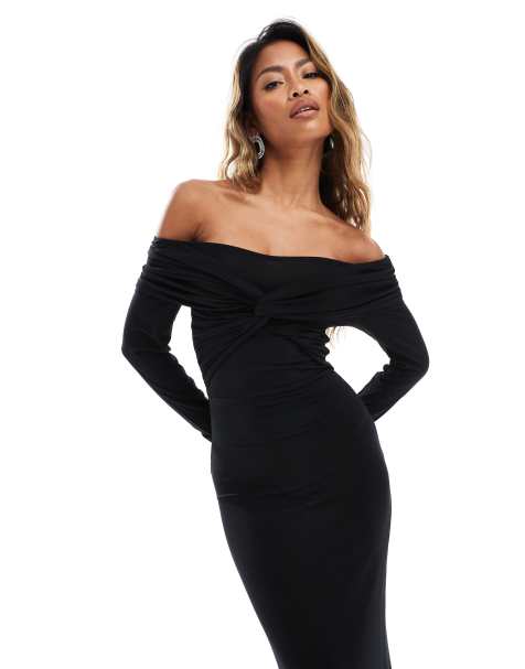 ASOS DESIGN - Robe mi-longue à manches longues et épaules dénudées avec détail torsadé - Noir - view 1