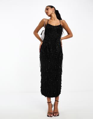ASOS DESIGN - Robe mi-longue à ornements en perles, fines bretelles et buste fantaisie - Noir | ASOS