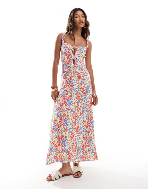 ASOS DESIGN Robe mi longue a petites fleurs avec bretelles a volants et encolure en c ur ASOS