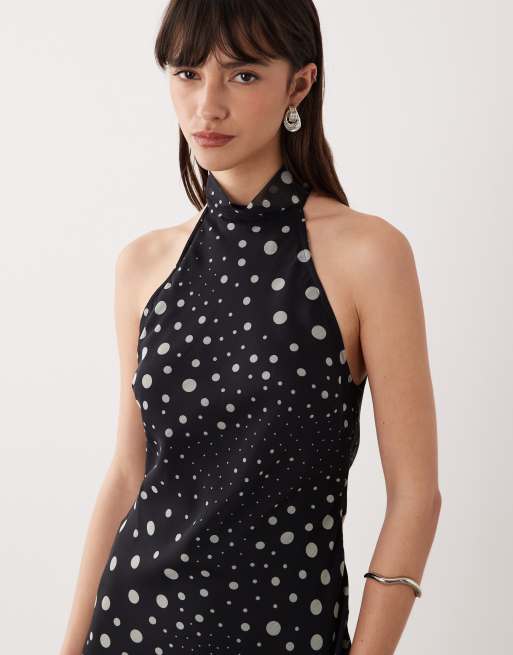 ASOS DESIGN - Robe mi-longue à pois en mousseline avec col montant - Noir, 3 de 4