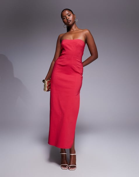 ASOS DESIGN - Robe mi-longue à surpiqûres en bengaline - Rouge - view 1