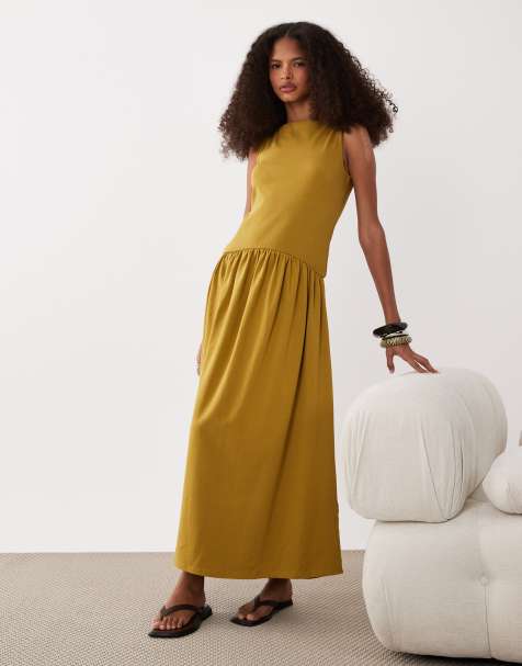 ASOS DESIGN - Robe mi-longue à taille basse en tissu côtelé mélangé - Olive - view 1