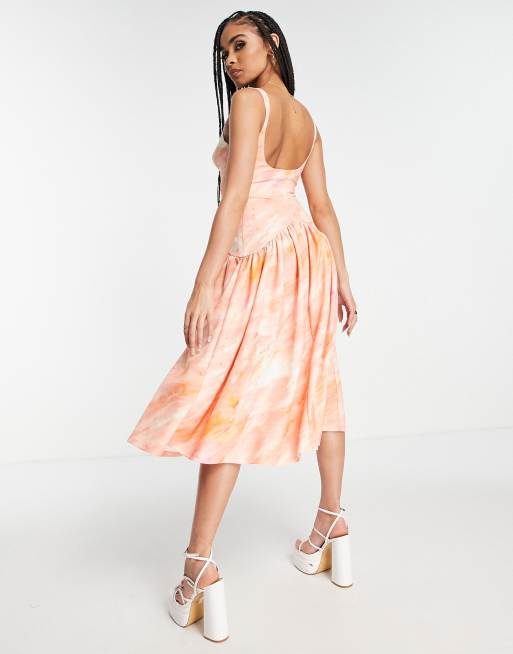 ASOS DESIGN - Robe mi-longue à taille basse façon corset - Rose et orange tie-dye, 2 de 4