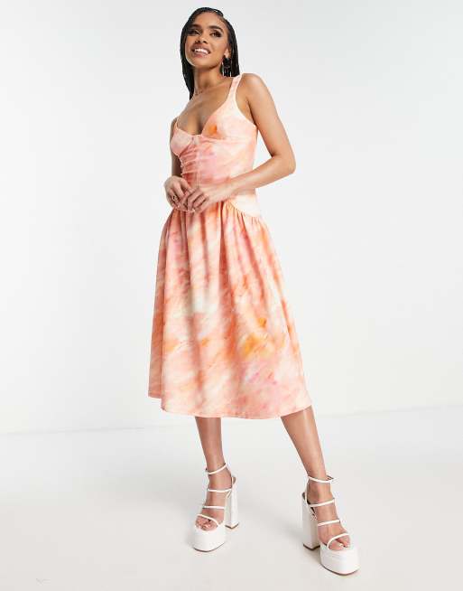 ASOS DESIGN - Robe mi-longue à taille basse façon corset - Rose et orange tie-dye, 4 de 4