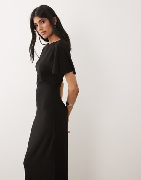 ASOS DESIGN robe mi-longue à taille cintrée et manches angulaires avec détail dos en V noire - view 1