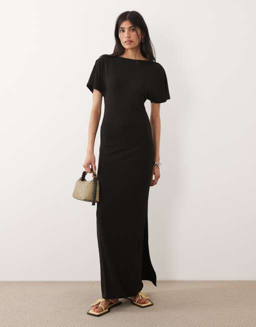 ASOS DESIGN robe mi-longue à taille cintrée et manches angulaires avec détail dos en V noire, 2 de 4
