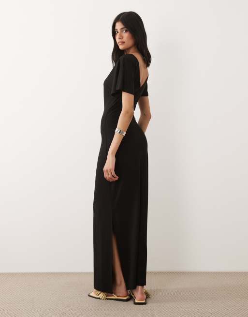 ASOS DESIGN robe mi-longue à taille cintrée et manches angulaires avec détail dos en V noire, 4 de 4