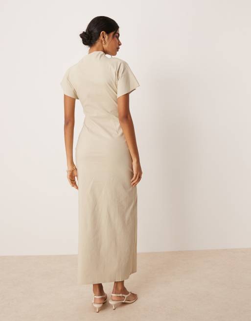 ASOS DESIGN - Robe mi-longue à taille froncée en bengaline - Taupe, 2 de 4