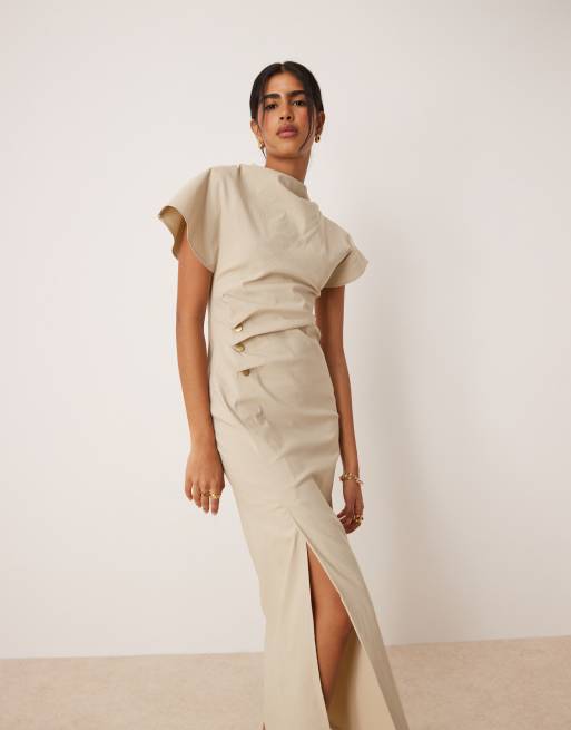 ASOS DESIGN - Robe mi-longue à taille froncée en bengaline - Taupe, 3 de 4